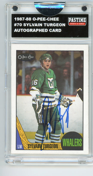 #70 Sylvain Turgeon 1987/88 O-Pee-Chee Hockey Autographed Card Encased in Magpro - Pastime Sports & Games