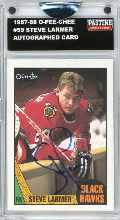#59 Steve Larmer 1987/88 O-Pee-Chee Hockey Autographed Card Encased in Magpro - Pastime Sports & Games