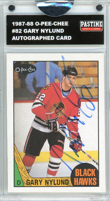 #82 Gary Nylund 1987/88 O-Pee-Chee Hockey Autographed Card Encased in Magpro - Pastime Sports & Games