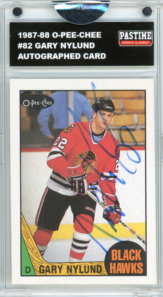 #82 Gary Nylund 1987/88 O-Pee-Chee Hockey Autographed Card Encased in Magpro - Pastime Sports & Games