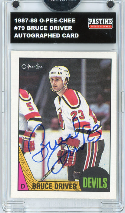 #79 Bruce Driver 1987/88 O-Pee-Chee Hockey Autographed Card Encased in Magpro - Pastime Sports & Games