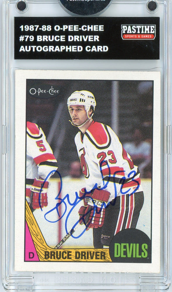 #79 Bruce Driver 1987/88 O-Pee-Chee Hockey Autographed Card Encased in Magpro - Pastime Sports & Games