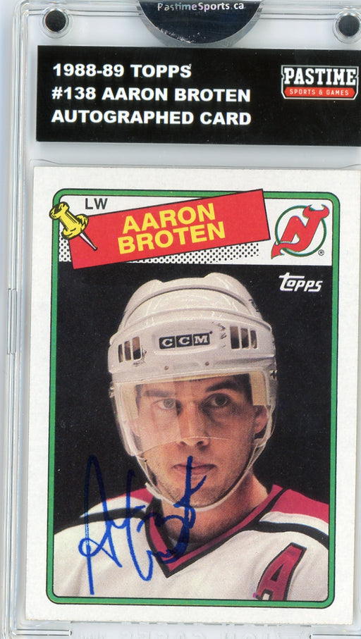 Aaron Broten #138 1988/89 Topps Hockey Autographed Card Encased in Magpro - Pastime Sports & Games