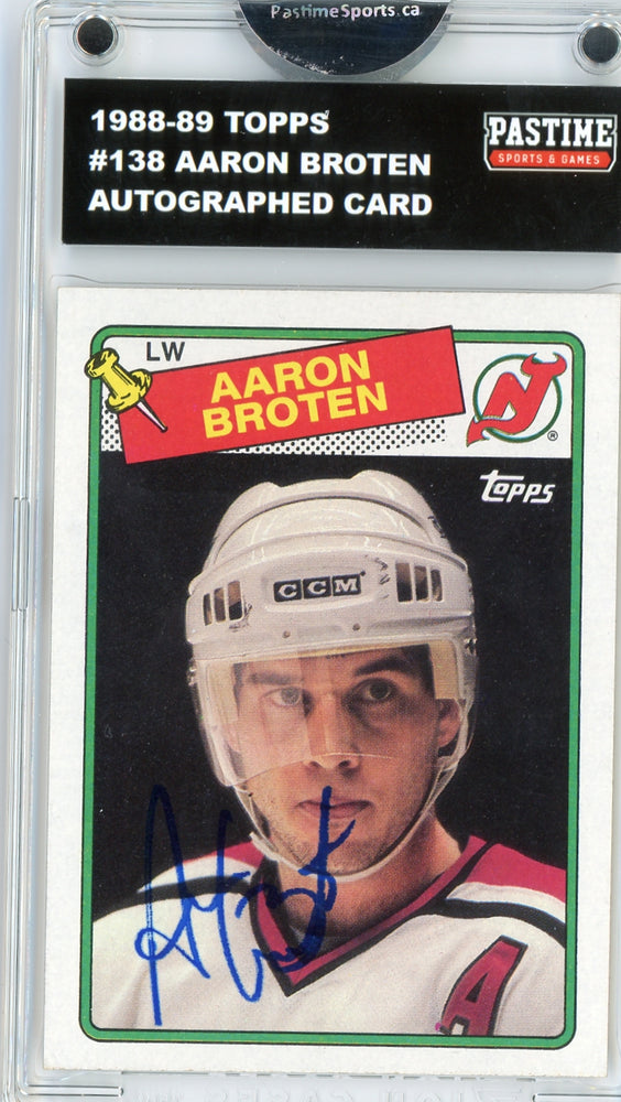 Aaron Broten #138 1988/89 Topps Hockey Autographed Card Encased in Magpro - Pastime Sports & Games