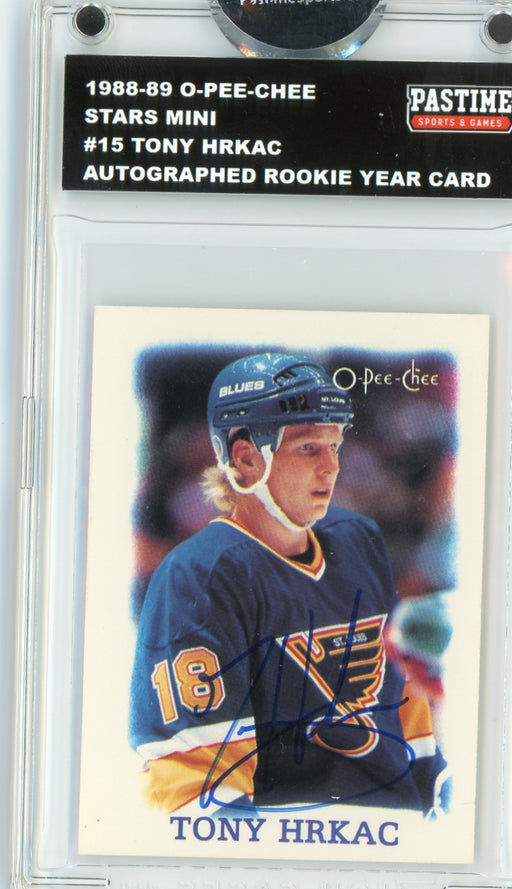Tony Hrkac #15 1988/89 O-Pee-Chee Stars Mini Hockey Autographed Card Encased in Magpro - Pastime Sports & Games