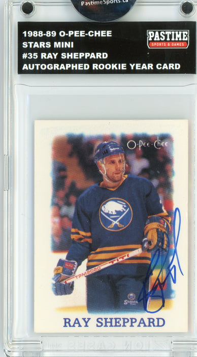 Ray Sheppard #35 1988/89 O-Pee-Chee Stars Mini Hockey Autographed Card Encased in Magpro - Pastime Sports & Games