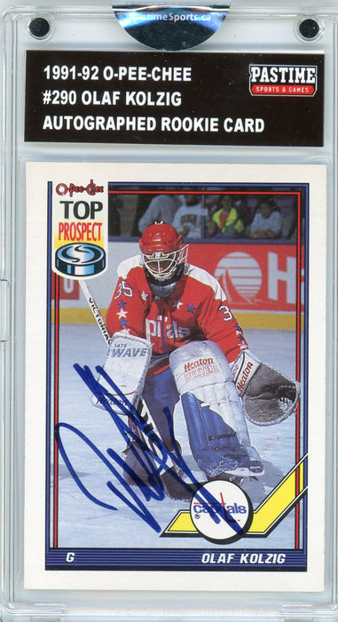 Olaf Kolzig #290 1991/92 O-Pee-Chee Hockey Autographed Rookie Card Encased in Magpro - Pastime Sports & Games