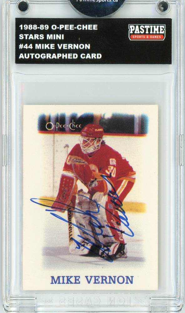 Mike Vernon #44 1988/89 O-Pee-Chee Stars Mini Hockey Autographed Card Encased in Magpro - Pastime Sports & Games