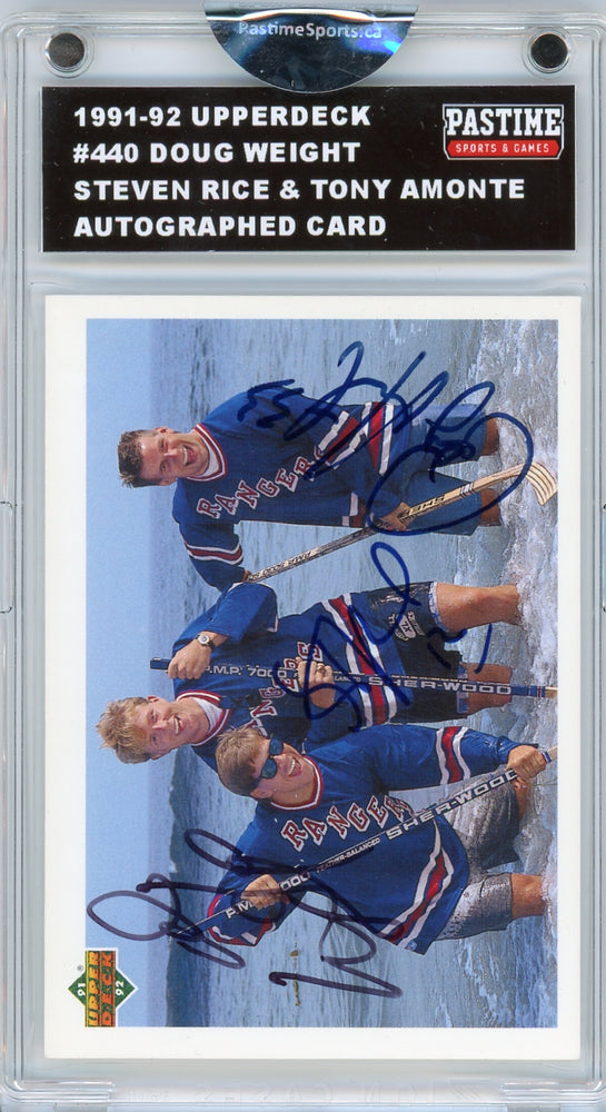 Doug Weight, Steven Rice, & Tony Amonte #440 1989/90 Upper Deck Hockey Autographed Card Encased in Magpro - Pastime Sports & Games
