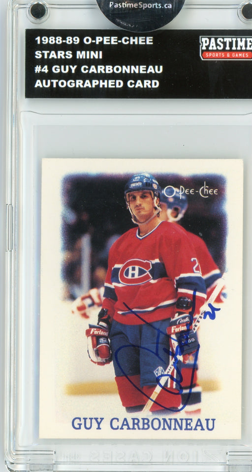 Guy Carbonneau #4 1988/89 O-Pee-Chee Stars Mini Hockey Autographed Card Encased in Magpro - Pastime Sports & Games
