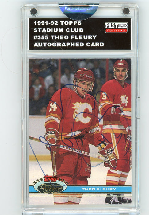 Theoren Fleury #355 1991/92 Topps Stadium Club Hockey Autographed Card Encased in Magpro - Pastime Sports & Games