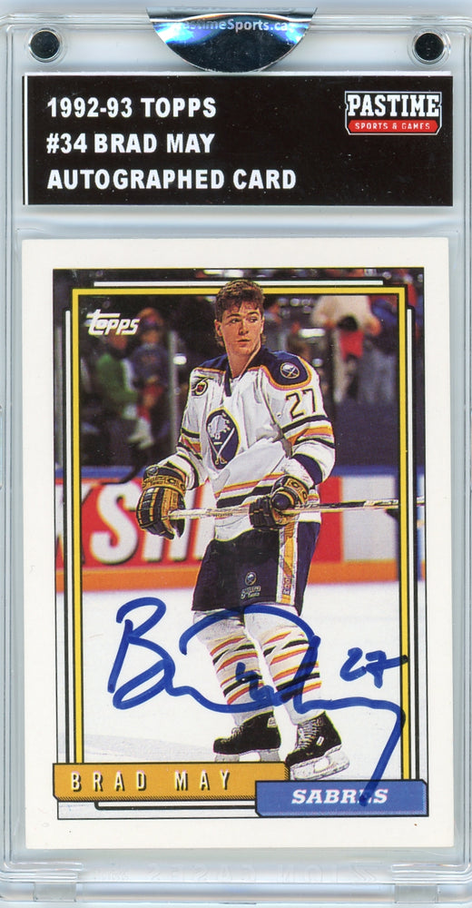 Brad May #34 1992/93 O-Pee-Chee Hockey Autographed Card Encased in Magpro - Pastime Sports & Games