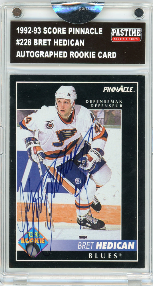 Bret Hedican #228 1992/93 Score Pinnacle Hockey Autographed Card Encased in Magpro - Pastime Sports & Games