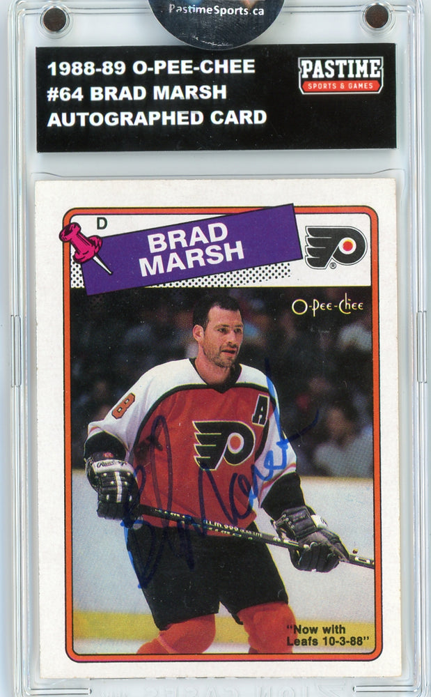 Brad Marsh #64 1988/89 O-Pee-Chee Hockey Autographed Card Encased in Magpro - Pastime Sports & Games