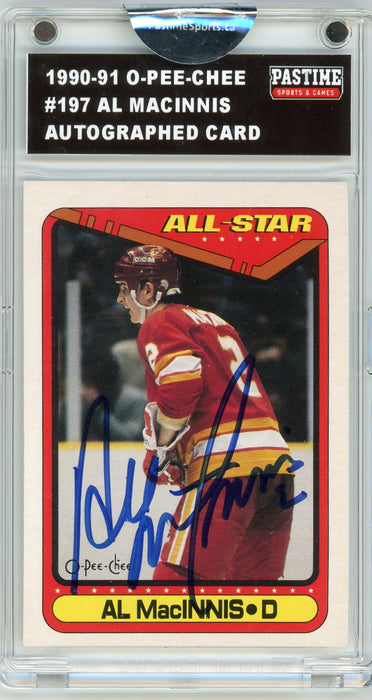 Al MacInnis #197 1990/91 O-Pee-Chee Hockey Autographed Card Encased in Magpro - Pastime Sports & Games
