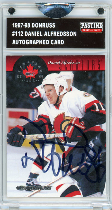 Daniel Alfredsson #112 1997/98 Donruss Hockey Autographed Card Encased in Magpro - Pastime Sports & Games