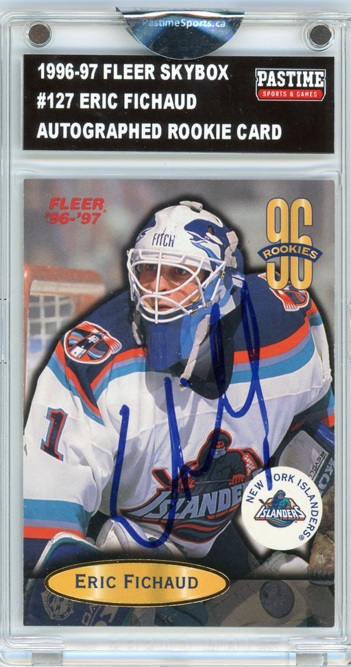 Eric Fichaud #127 1996/97 Fleer Skybox Autographed Card Encased in Magpro - Pastime Sports & Games