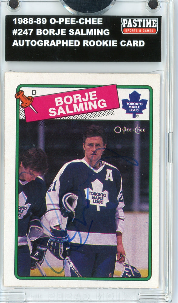 Borje Salming #247 1988/89 O-Pee-Chee Hockey Autographed Card Encased in Magpro - Pastime Sports & Games