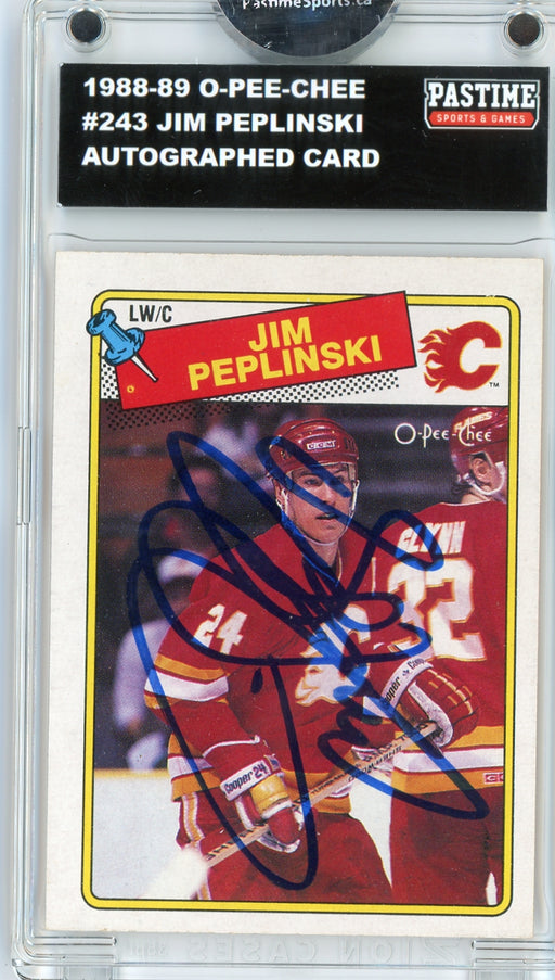 Jim Peplinski #243 1988/89 O-Pee-Chee Hockey Autographed Card Encased in Magpro - Pastime Sports & Games