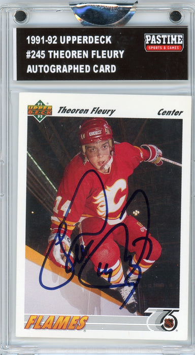 Theoren Fleury #245 1991/92 Upper Deck Autographed Card Encased in Magpro - Pastime Sports & Games