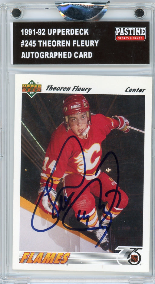 Theoren Fleury #245 1991/92 Upper Deck Autographed Card Encased in Magpro - Pastime Sports & Games