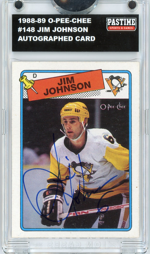 Jim Johnson #148 1988/89 O-Pee-Chee Hockey Autographed Card Encased in Magpro - Pastime Sports & Games