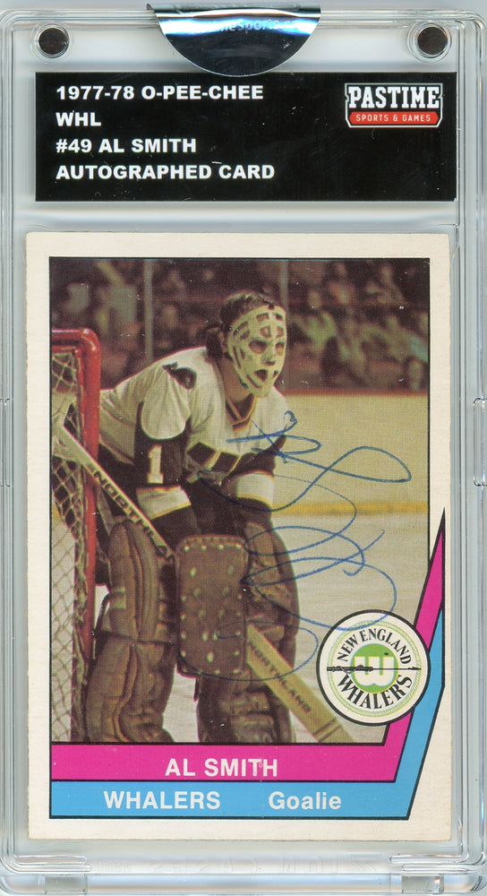 Al Smith #49 1977/78 O-Pee-Chee WHL Hockey Autographed Card Encased in Magpro - Pastime Sports & Games
