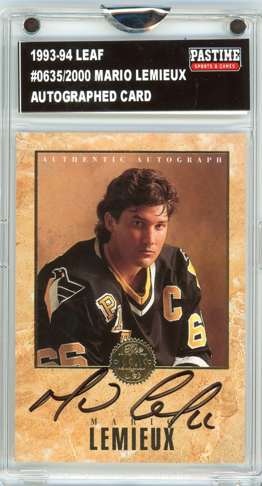 Mario Lemieux #0635/2000 1993/94 Leaf Autographed Hockey Card Encased in Magpro - Pastime Sports & Games