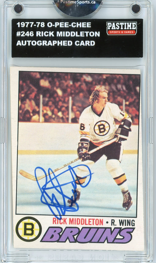 Rick Middleton #246 1977/78 O-Pee-Chee Hockey Autographed Card Encased in Magpro - Pastime Sports & Games