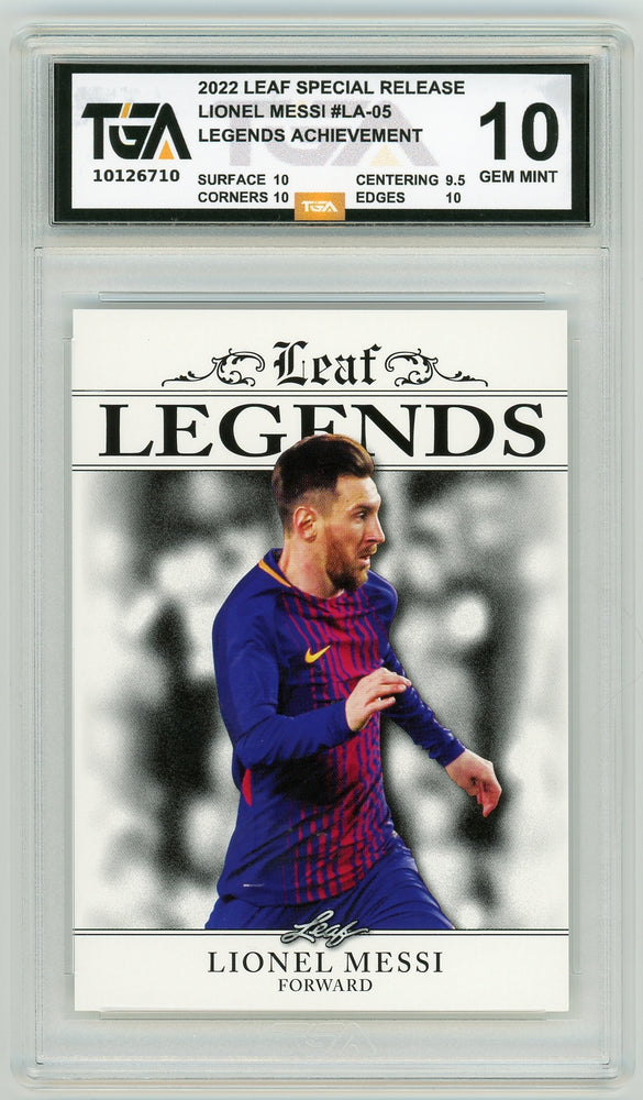 Lionel Messi #LA-05 2022 Leaf Special Release Legends Achievement Graded TGA 10 Gem Mint - Pastime Sports & Games