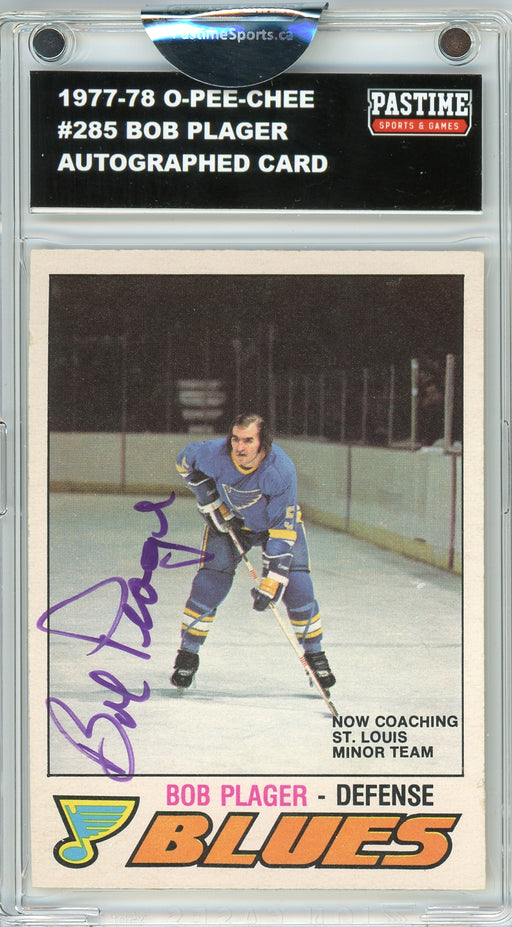 Bob Plager #285 1977/78 O-Pee-Chee Hockey Autographed Card Encased in Magpro