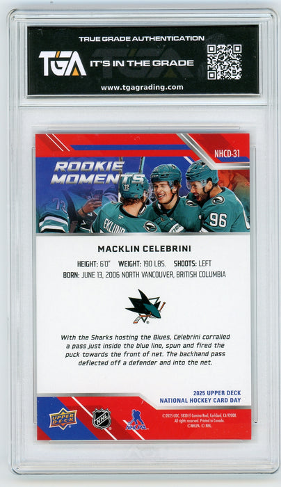 Macklin Celebrini 2025 National Hockey Card Day Rookie Graded TGA 10 Flawless Black Label - Pastime Sports & Games