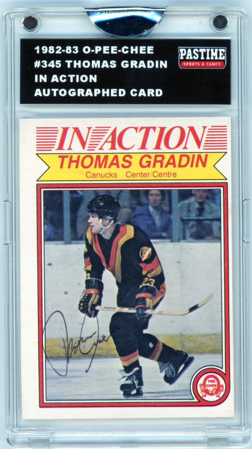 Thomas Gradin #345 1982/83 O-Pee-Chee In Action Hockey Autographed Card Encased in Magpro - Pastime Sports & Games