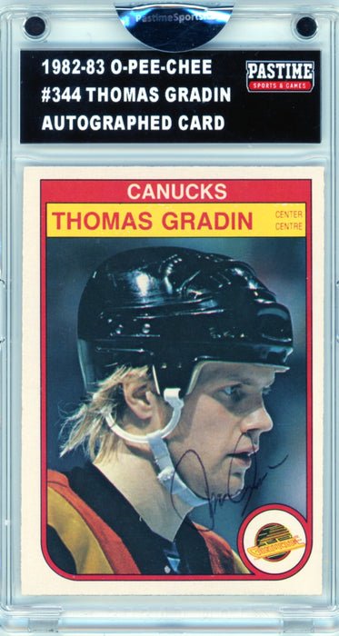 Thomas Gradin #344 1982/83 O-Pee-Chee Hockey Autographed Card Encased in Magpro - Pastime Sports & Games