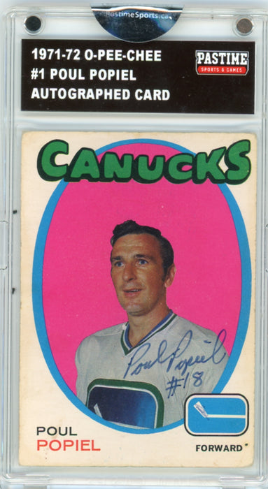 Poul Popiel #1 1971/72 O-Pee-Chee Hockey Autographed Card Encased in Magpro - Pastime Sports & Games
