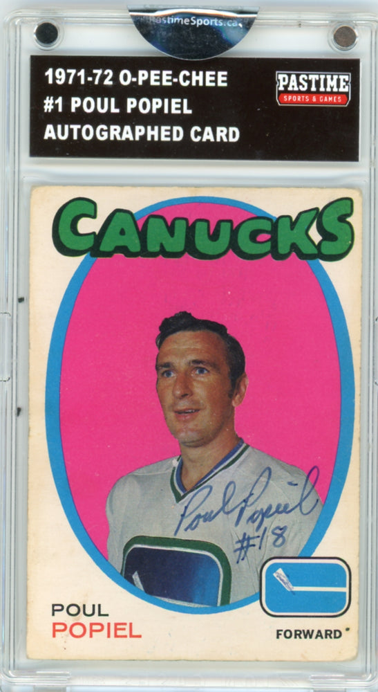 Poul Popiel #1 1971/72 O-Pee-Chee Hockey Autographed Card Encased in Magpro - Pastime Sports & Games