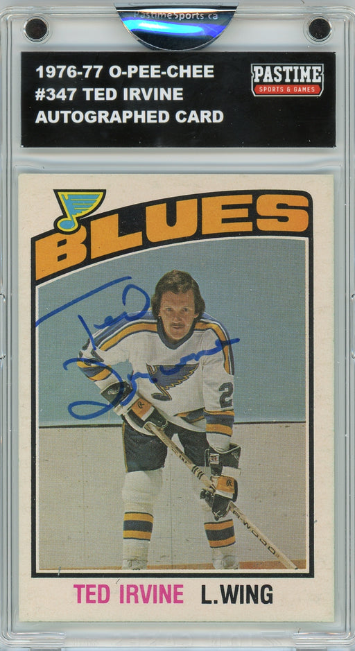 Ted Irvine #347 1976/77 O-Pee-Chee Hockey Autographed Card Encased in Magpro