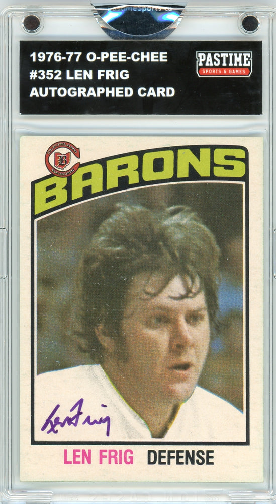 Len Frig #352 1976/77 O-Pee-Chee Hockey Autographed Card Encased in Magpro