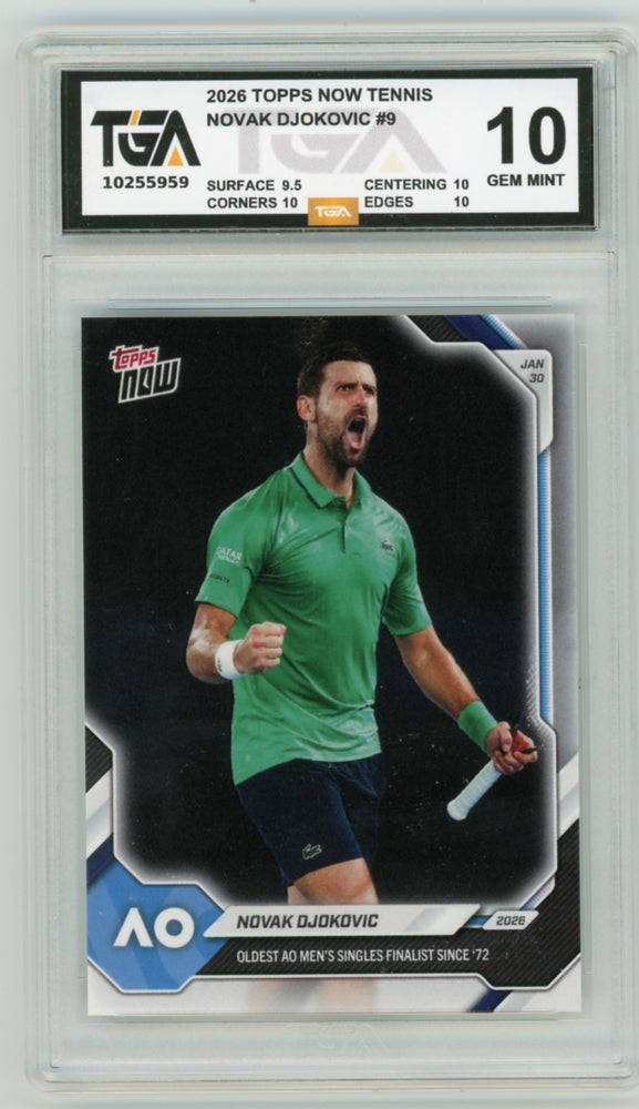 Novak Djokovic #9 2026 Topps Now Tennis Debut Card Graded TGA 10 Gem Mint