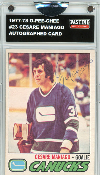 Cesare Maniago #23 1977/78 O-Pee-Chee Hockey Autographed Card Encased in Magpro