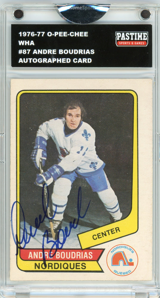 Andre Boudrias #87 1976/77 O-Pee-Chee WHA Hockey Autographed Card Encased in Magpro