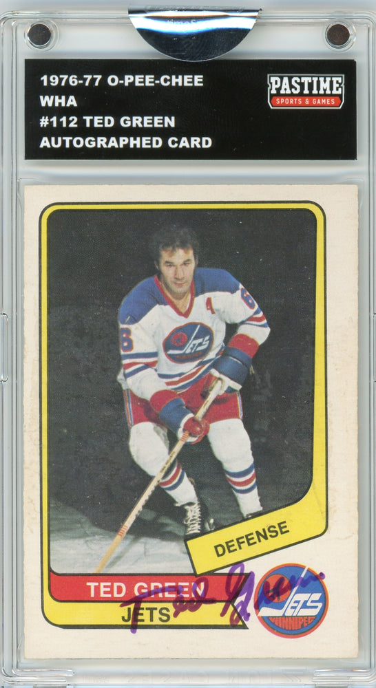 Ted Green #112 1976/77 O-Pee-Chee WHA Hockey Autographed Card Encased in Magpro