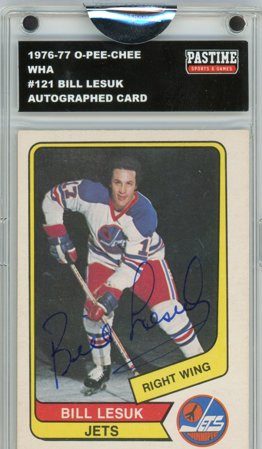 Bill Lesuk #121 1976/77 O-Pee-Chee WHA Hockey Autographed Card Encased in Magpro