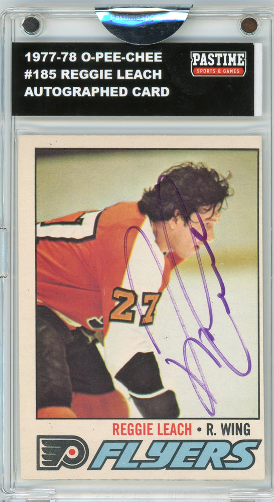 Reggie Leach #185 1977/78 O-Pee-Chee Hockey Autographed Card Encased in Magpro