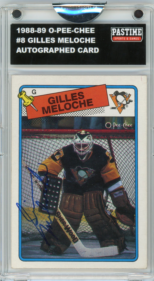 Gilles Meloche #8 1988/89 O-Pee-Chee Hockey Autographed Card Encased in Magpro