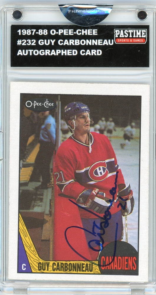 Guy Carbonneau #232 1987/88 O-Pee-Chee Hockey Autographed Card Encased in Magpro
