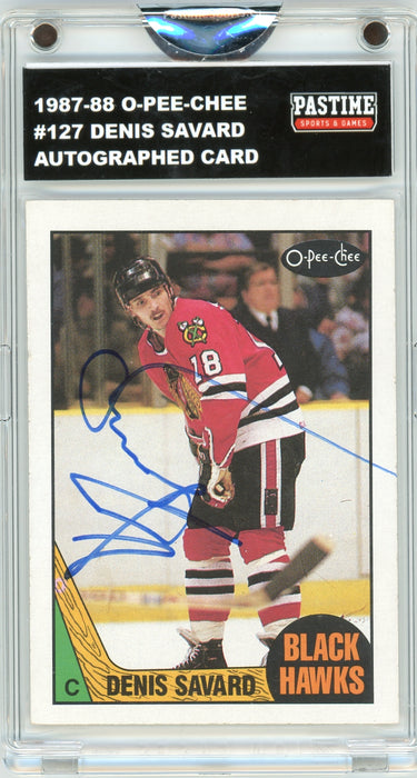 Denis Savard #127 1987/88 O-Pee-Chee Hockey Autographed Card Encased in Magpro
