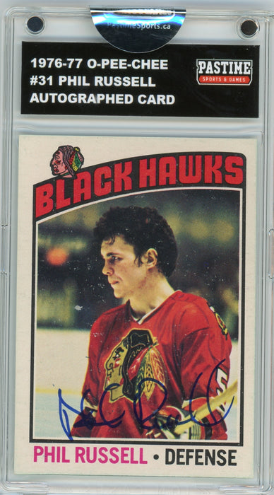 Phil Russell #31 1976/77 O-Pee-Chee Hockey Autographed Card Encased in Magpro