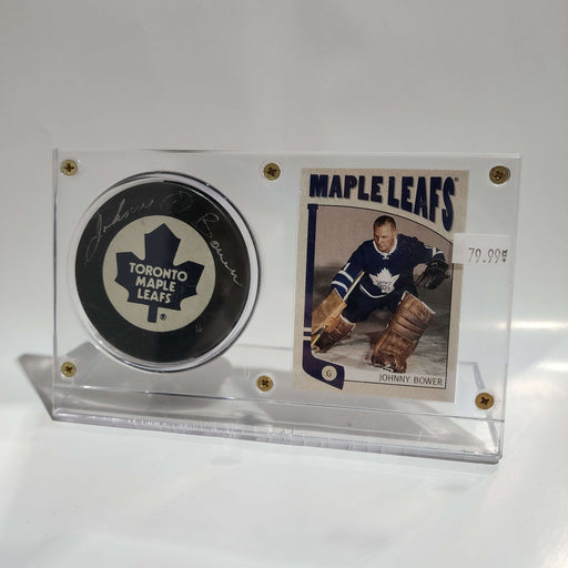 Johnny Bower Autographed Card & Toronto Maple Leafs Puck Display