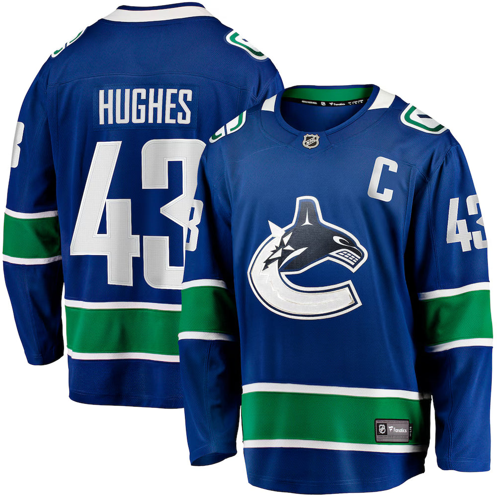 Quinn Hughes Vancouver Canucks Fanatics Breakaway Home Blue Hockey Jersey SALE!